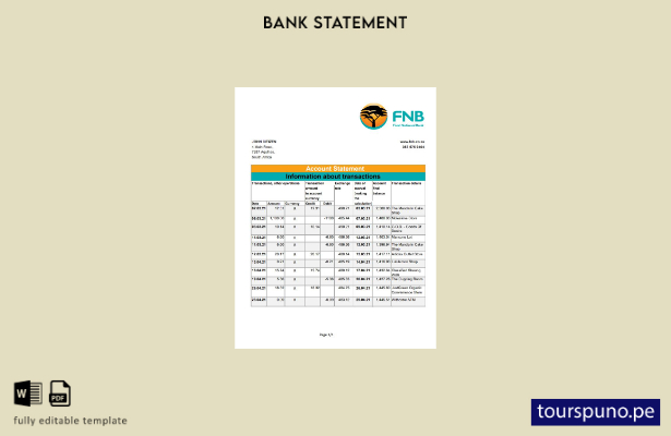 listo para imprimir plantilla de Excel de extracto bancario FNB de Sudáfrica